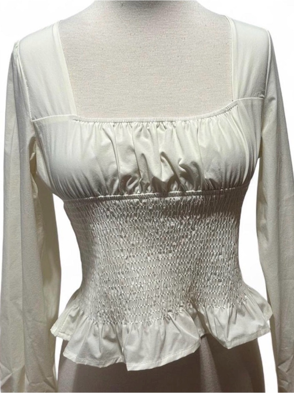 Smocked Peplum Long-Sleeve Top - Cream